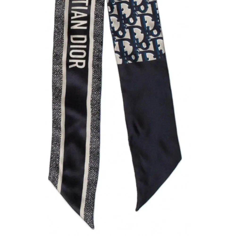 Christian Dior Blue CD Print Oblique silk skinny scarf